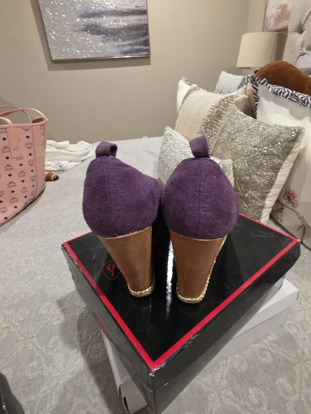 Apple Bottoms Purple Peep-Toe Platform Heels with Gold Trim